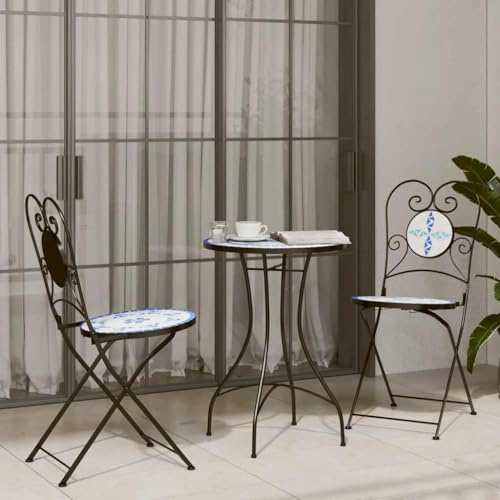 Owoxanthellate Mosaik-Bistro-Set Blau Weiß Klappstühle und Tisch 50x70 cm aus Eisen Keramik Mediterranes Design Robust und platzsparend für Balkon Garten Terrasse