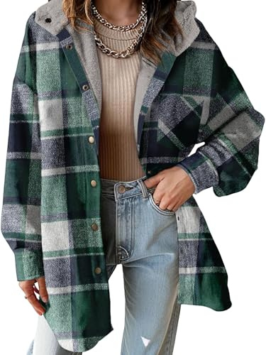 Iyalezirk Manteau d'hiver Épais en Flanelle à Capuche pour Femme, à Carreaux, Fermeture Boutonnée, Chaud et Doux, Polaire Vert XXL