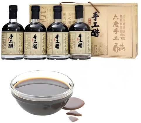Lot de 4 Bouteilles de Vinaigre du Shanxi de 300 Ml Chacune, Vinaigre de Riz Noir Chinois Vieilli Par Fermentation Naturelle Pendant 5 Ans, Condiment Mûri Selon Un Savoir-faire Ancestral