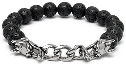 Perlen Bead Armband Lavastein schwarz silber Wolf Drache Totenkopf Männer Panzerarmband Edelstahl Bikerschmuck Herren Geschenk (Drache)