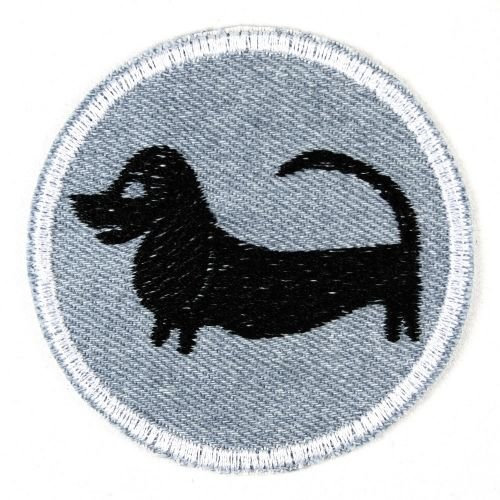Buegelbild Hund Dackel rund Flicken zum aufbügeln Jeans hellblau ø 7cm Aufbuegler Buegelflicken Patch