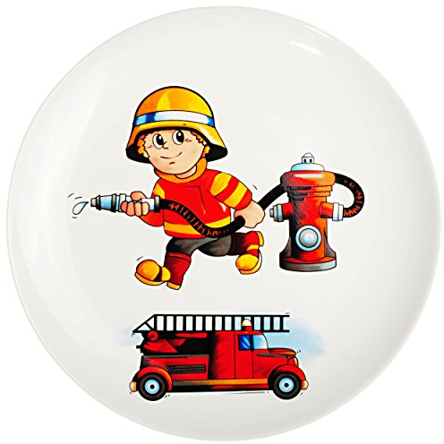 alles-meine.de GmbH großer Teller - Kinderteller - Feuerwehr - Feuerwehrmann & Feuerwehrauto - Ø 21 cm - aus Porzellan/Keramik - Speiseteller/Frühstücksteller/Eßteller ..