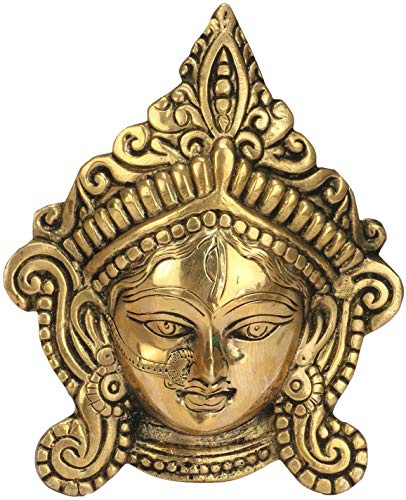 Artvarko Messing-Metall-Göttin Durga-Gesicht, Schaustück, Wandbehang, hinduistische religiöse Maa-Durga-Maske, Idol-Statue für Büro, Heimdekoration, böser Blickschutz, Puja, Antik-Goldfarbe, 16,5 cm