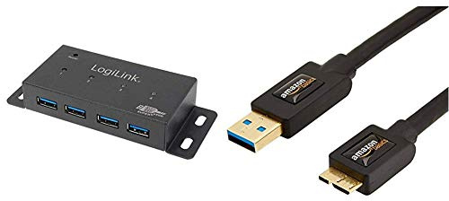 LogiLink UA0149 USB 3.0 HUB 4-Port, Metall, Mit Stromanzeige & Amazon Basics 3.0-Kabel (A-Stecker Auf Micro-B-Stecker) 1,8 M (Abwärtskompatibel Zu 2.0 Und 1.1)