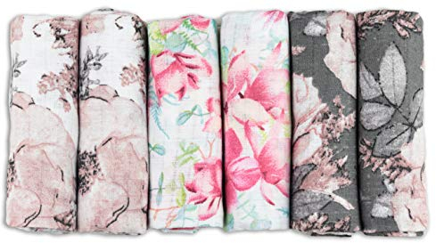 FENSILO - Mulltücher - Mullwindeln - 6er Pack 70x80 cm - Stoffwindeln, Made IN EU, schadstoffgeprüft - Spucktücher Set für Mädchen – Baby Mullwindeln- Rosa- Blumen - Oeko-TEX Zertifiziert