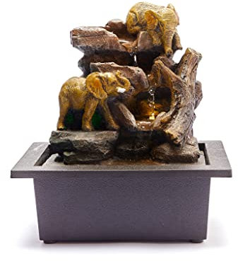 Tabletop Water Fountain, Meditation, Desktop, Indoor Waterfall Feature LED lights Office Decoration Relaxation Zen Chill Relaxed Mellow Gift Feng Shui Elephants 24cm High