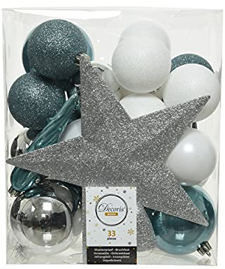Weihnachtskugeln mit Christbaumspitze Stern Kunststoff 33er Set bruchsicher weiß hellblau Silber