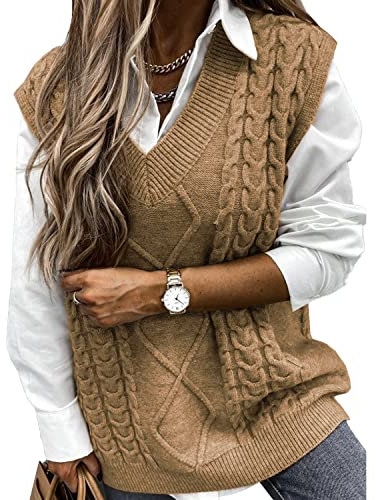 Niwicee Sweater Vest Knitted Sleeveless Jumpers Tank Top Streetwear Knitwear Plaid Pullovers Sweatshirts Oversized V Neck Cable Knit Vintage Retro Stylish Spring Autumn Winter Chunky Women(Khaki,M)