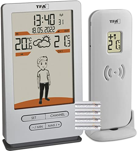 TFA Dostmann Stazione meteo radio Weather Jack 35.1166.54, temperatura esterna e interna, previsioni meteo, con proposte di abbigliamento, orologio radio, argento, 146 x 82 x 27 mm, con batterie