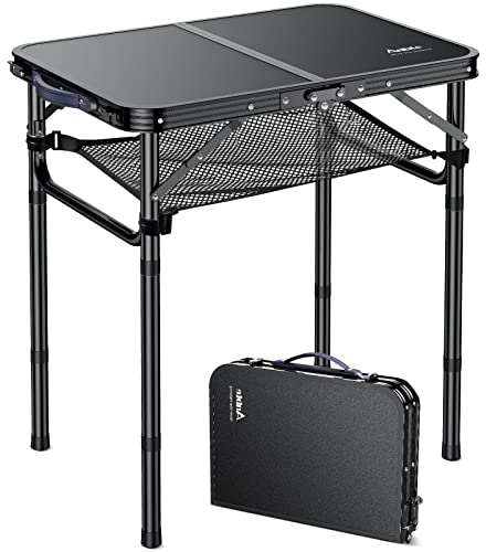Anbte Mesa Plegable Camping 59x40x26/48/70cm Ajustable Altura Mesas de Acampada Portátil Mesa Playa Aluminio Impermeable Negro para Terraza Playa Exterior BBQ