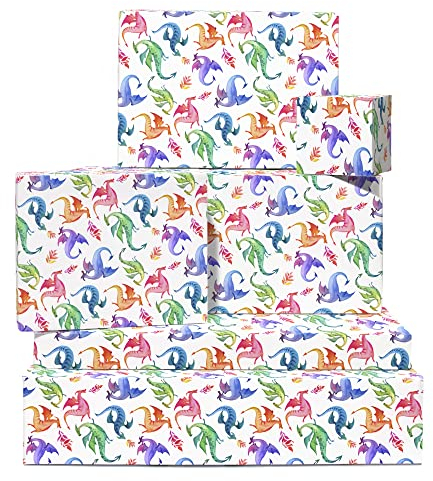 Geschenkpapier für Kinder – 6 Bögen bunte Geschenkpapiere und Anhänger – Drachen – Geschenkpapier zum Geburtstag für Jungen und Mädchen – mit Aufkleber – recycelbar – von Central 23