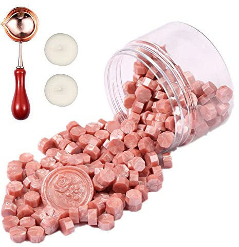 Comealltime 248 Stück Siegelwachs Set, Achteckige Siegelwachsperlen mit 2 Teelichtern & 1 Schmelzlöffel, Siegellack für Wachssiegel Stempel(Rosegold)