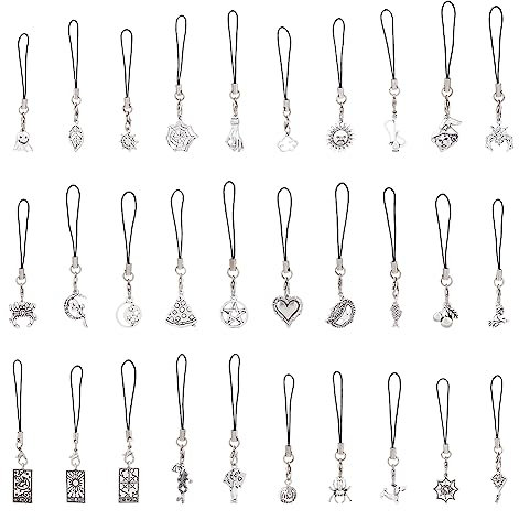 SUPERFINDINGS 30 Stück 30 Stile Märchen Handy Anhänger Tibetischer Stil Sterngeste Drachen Handy Gurte Silberlegierung Wolke Kirsche Kürbis Handy Rucksack Anhänger Zum Aufhängen