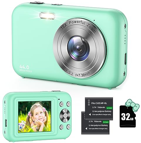 Digital Camera, 1080P HD 44MP Kids Digital Camera With 32GB Card, LCD Screen Rechargeable Compact Camera with 16X Digital Zoom Camera for Kids, Boys Girls, Students (Green)