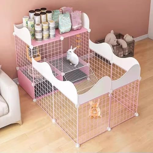beaka Hasenstall Für Innenbereich, Metall DIY Kleintierauslauf Kleintierkäfig Kaninchen Zaun Meerschweinchen Gehege, Meerschweinchen Käfig Mit 2 Tabletts (Color : Pink)