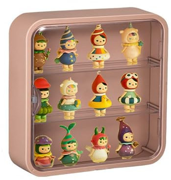 Clear Display Case for Figures, Wall-Mounted Doll Storage Box, Adjustable Display Stand with Door Dust and Moisture Proof Suitable for Lego Collectibles Action Figures Pop Mart (Pink)