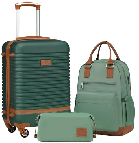 COOLIFE Koffer Trolley Koffer Reisekoffer von ABS Hartschalen Trolley 4 Rollen TSA-Schloss Der Koffer Enthält 1 Reiserucksack und 1 Kulturbeutel (Dunkelgrün/Braun, Handgepäck-Set 3tlg)