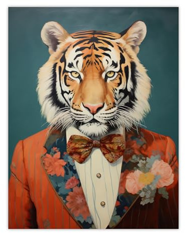 Wee Blue Coo Tiger in a Tuxedo Fun Animal Portrait Unframed Wall Art Print Poster Home Decor Premium