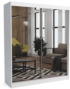 Brent - Kleiderschrank mit Spiegel Dave, 180cm Breit, Schlafzimmerschrank mit 1 Kleiderstange und Einlegeböden für Kleidung, Kleiderschrank Weiß