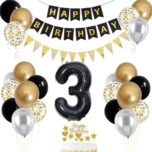 Sage Greem 3rd Birthday Decorations - Gold Foil Balloons, Happy Birthday Banner, Cake Topper for Boy Girl Party