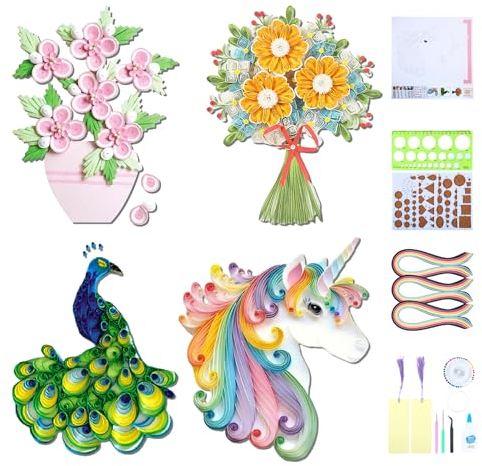 Ohmique - Papierquilling-Set für Anfänger und Erwachsene, mit Quilling-Papierstreifen, 5 mm, filigrane Papierwerkzeuge, 4 Quilling-Muster, Blumen, Pfau, Einhorn, DIY