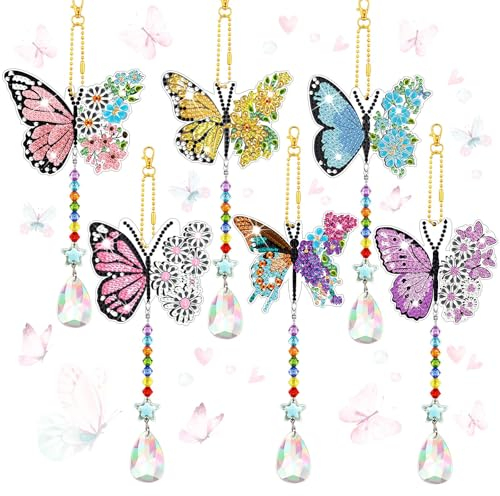Frundoo Diamond Painting Kinder Schlüsselanhänger Set, Basteln Mädchen 3-12 Jahre, 5D DIY Diamant Painting Bilder Schmetterling, für Weihnachten Kindergeburtstag Mädchen Schlüsselanhänger