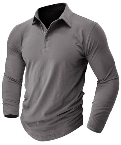 Men's Cotton Long Sleeve Polo T-Shirt Golf Tops Grandad Plain Dark Grey L