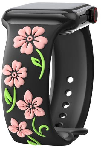 AMSKY Tricolore Floreale Silicone Cinturini Compatibile con Cinturino Apple Watch 40mm 44 mm 46mm 41 mm 45mm 38mm 42mm Donna, Fiore Inciso Compatibile con iWatch Series 10 9 8 7 6 5 4 3 2 1 Se
