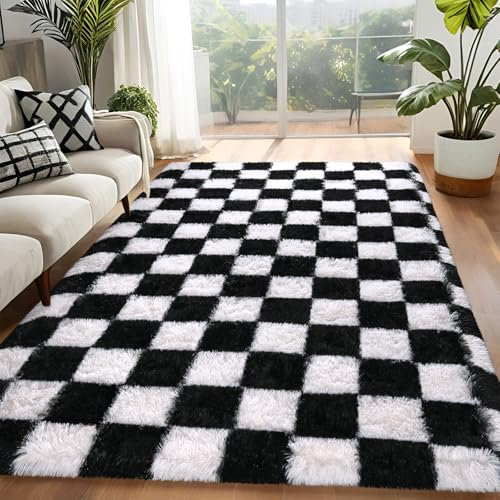 FALARK Teppiche für Schlafzimmer, Wohnzimmer, 1,2 x 1,8 m, schwarz-weiß kariert, flauschig, weich, waschbar, modern, rutschfest, Zottelteppiche für Jungen, Mädchen, Kinderzimmer, Zuhause, ästhetische