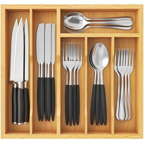 Lifewit Cutlery Drawer Organiser, 6 Compartment Bamboo Cutlery Tray Kitchen Utensil Tray, Small Flatware and Silverware Holder, Wood Cutlery Storage for Spoons Forks Knives