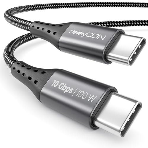 deleyCON 1m USB-C Cable (USB 3.2 Gen2 100W & 10Gbit/s) Cable de Carga Cable de Datos 4K@60Hz para Cargador iPhone 16 15 Pro Max Airpods Watch Samsung S25 S24 S23 iPad MacBook Tablet Switch PS5 SSD