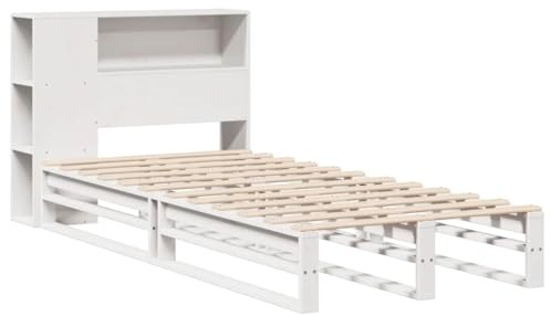 vidaXL Massivholzbett, Bett mit Bücherregal ohne Matratze, Holzbett Bettgestell mit Lattenrost, Palettenbett Einzelbett für Schlafzimmer, Weiß 90x200cm