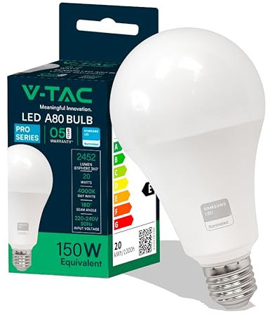 V-TAC Lampadina LED A80 con Attacco E27 20W (Equivalenti a 150W) - 2452 Lumen - Lampadine LED con Massima Efficienza e Risparmio Energetico - Luce Bianca Naturale 4000K