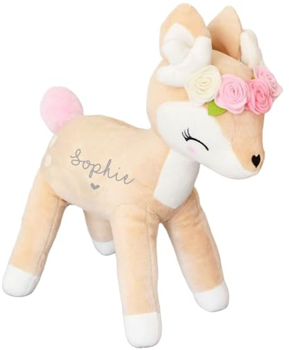 Sprinkle & Style HANDMADE BOUTIQUE Personalisierbares Reh-Plüschtier – 35 cm groß mit Blumenkranz oder Schleife, Geschenk zur Geburt, Taufe oder Weihnachten, Mit Name, Geburtsdaten (Mit Blumenkranz)