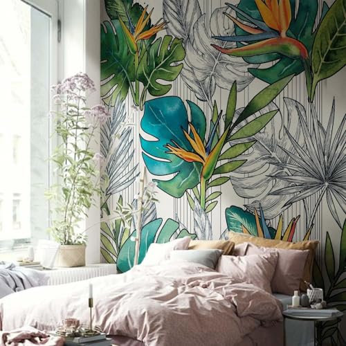 FUNLIFE 234x243cm Plantes tropicales papier peint panoramique nature, oiseau de paradis papier peint panoramique texture imitation cuir, papier peint tropical Salon Chambre papier peint adhesif mural