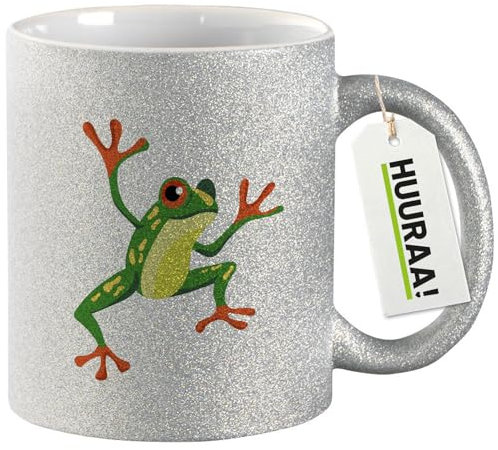 Huuraa Glitzer Tasse Frosch Comic Geschenk 330ml Silber Frosch Präsent
