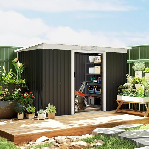 Casetta da giardino con porta scorrevole, finestra di ventilazione, tetto spiovente, esterno, acciaio, grigio scuro, 280 x 130 x 172 cm