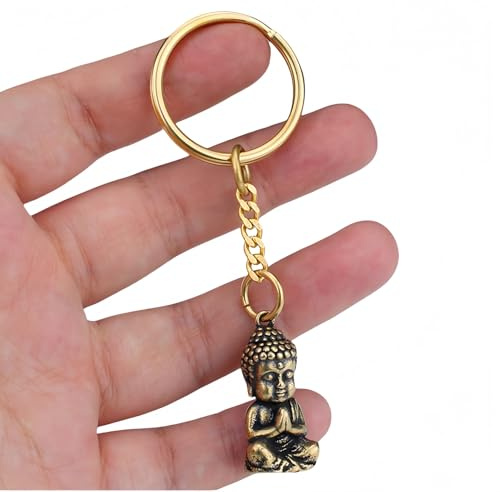 Vyloky Porte-clés Bouddha en laiton massif - Design 3D vintage pour voiture, yoga et voyage (31 mm, 17 g)