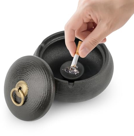 VFANDV Aschenbecher für Draussen mit Deckel, Windaschenbecher Keramik, Robuster Sturmaschenbecher, Erleichtert Die Reinigung, für Zuhause und BüRo Dekoration (Schwarzes)