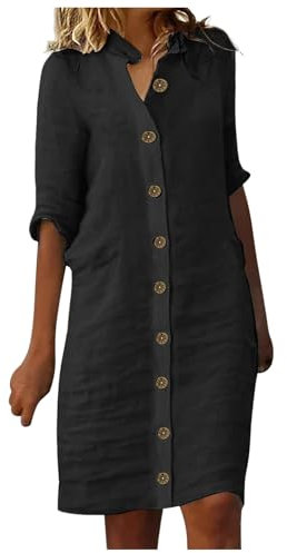 Robe Longue Femme Ete Robes Femmes D Été Fluide Mi Champetre Bohème Grande Taille Manche Courte Chic Et Elegant D'été en Lin Coton De Plage Chemise Boheme Mariage Made in Italy,1-A-Le Noir,XL
