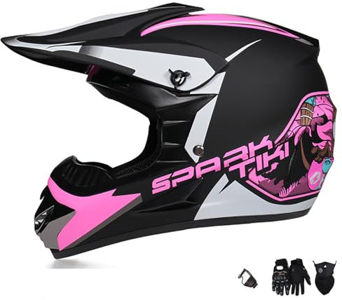 WMDMJT Casco Integrale Motocross Rosa per Donna e Bambini, Set Casco MTB off-Road con Occhiali, Guanti e Maschera, Adatto per Scooter, Quad, Dirt Bike, Enduro, ATV e Discesa,Pink2-M