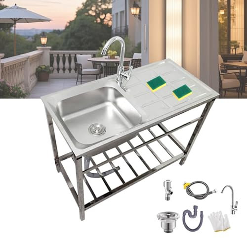 Bliajkswyr Portátil Fregadero Independiente para Exteriores Fregadero De Acero Inoxidable con Grifo 75x40x75cm Lavabo Móvil 1 Lavabo para Cocina Jardín Exterior Fregadero con Patas Acero