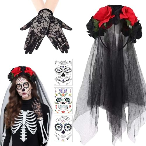 Xanthelle Halloween Haarreif, Dia de los Muertos Kopfschmuck mit schwarzem Schleier, Spitzenhandschuhen & Gesichtstattoos für Damen Kostüm Party