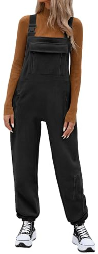 PASUDA Womens Overalls Casual Loose Fleece Dungarees Winter Warm Baggy Adjustable Straps Jumpsuits Playsuit Sleeveless Bib Pants with Pockets (Black, XXL)