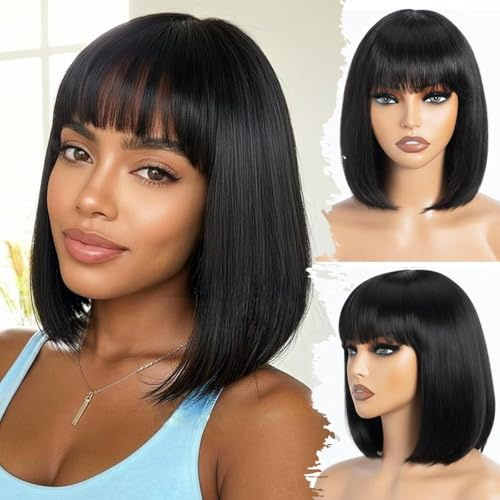 Perruque Femme Cheveux Humain Naturel Brésilien 100% Straight Bob Wigs with Bangs Droite Bresilienne Perruque avec frange Courte Sans Colle Glueless No Lace 10 Pouces Brazilian Human Hair Bob Wig