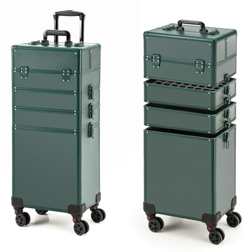 Portable Multi-Storey Nail Case for Nail Tech Organizer - Wheels Makeup Case Organizer, Cosmetic Case, Makeup Train Case, Make Up Case (Green-8034)