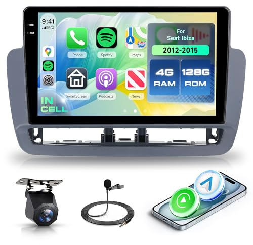 Rimoody 4G+128G Android Autoradio für Seat Ibiza 6j 2012-2015 9 Zoll IN-Cell Wireless Carplay Autoradio mit Android Auto Navi GPS WiFi FM/RDS/EQ Mirror Link Bluetooth Lenkradsteuerung Rückfahrkamera
