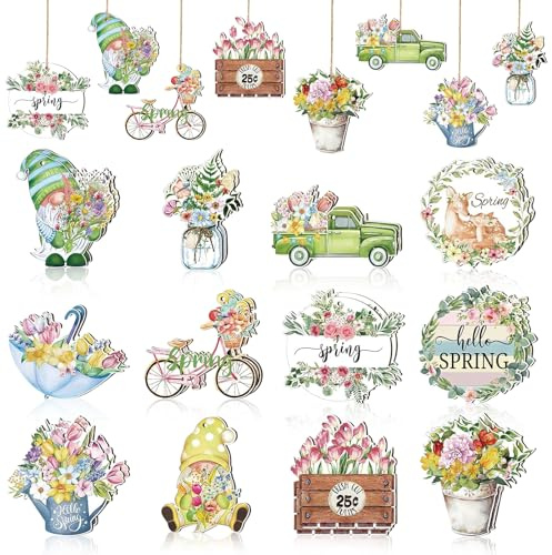 Holz Deko Frühling, 24PCS Frühlingsdeko Deko, Blumen Anhänger Deko, Dekos Anhänger Frühling, Mit Blumen, Tulpen und Kränzen geschmückt, Geeignet Zum Dekorieren Von Vasen, Zweigen und Gärten