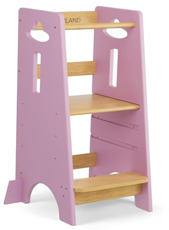 COSYLAND Lernturm ab 1 Jahr - Höhenverstellbarer Learning Tower für Kinder (3-stufig) - Montessori Lernturm mit Kippschutz & Massivholz (Rosa und Holz)