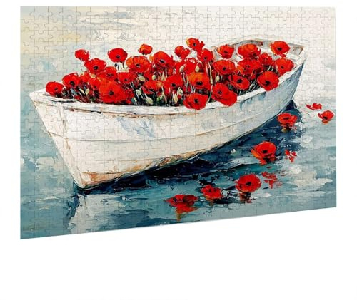 3000 Teile Puzzle für Erwachsene–Schwieriges Kunst Puzzle zur Entspannung Meditationspuzzle, Abstrakte Landschaft, Holzpuzzle, Wanddekoration, Geschenk für Erwachsene Männer Mohnblumen Schiff fr0-66